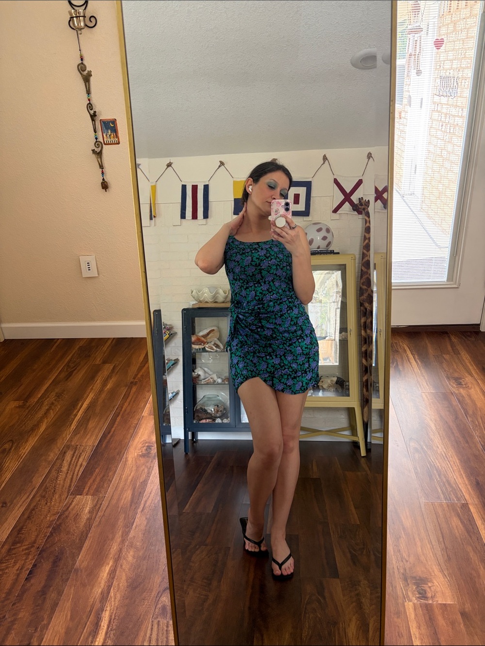 Vintage Floral Wrap Mini Dress in Green and Blue